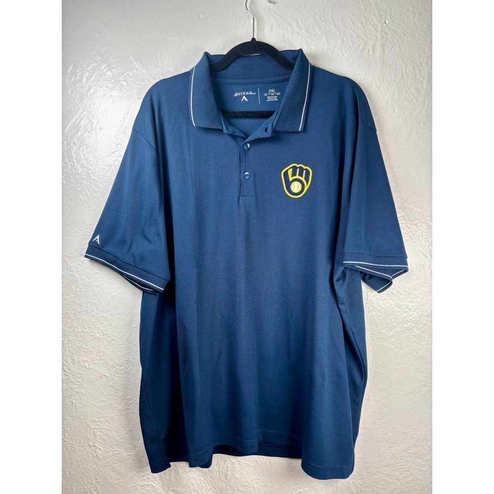 Antigua Milwaukee Brewers Polo Mens‎ 2XL Blue MLB Wisconsin Dadcore Brew Crew